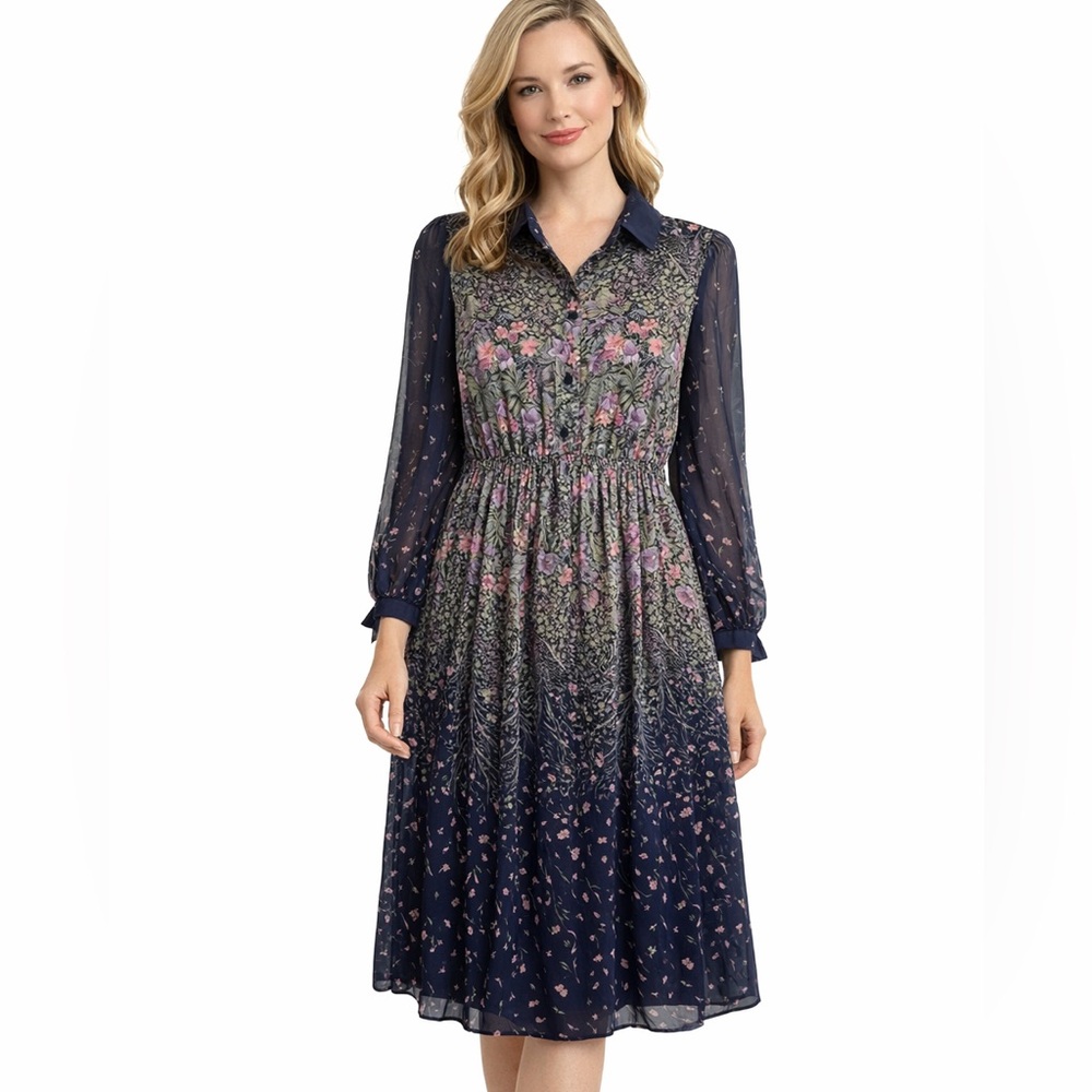 Vintage Jean D’ore Floral Navy Dress with sheer sleeves